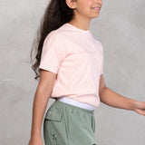 pink tshirt grey lower
